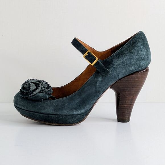 Chie Mihara Mary Jane Platform Heels 37 Blue Suede Floral Retro Glam Pinup - Picture 7 of 16